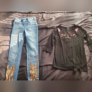 girl 10 Justice skinny jeans with sequin and long sleeve shirt